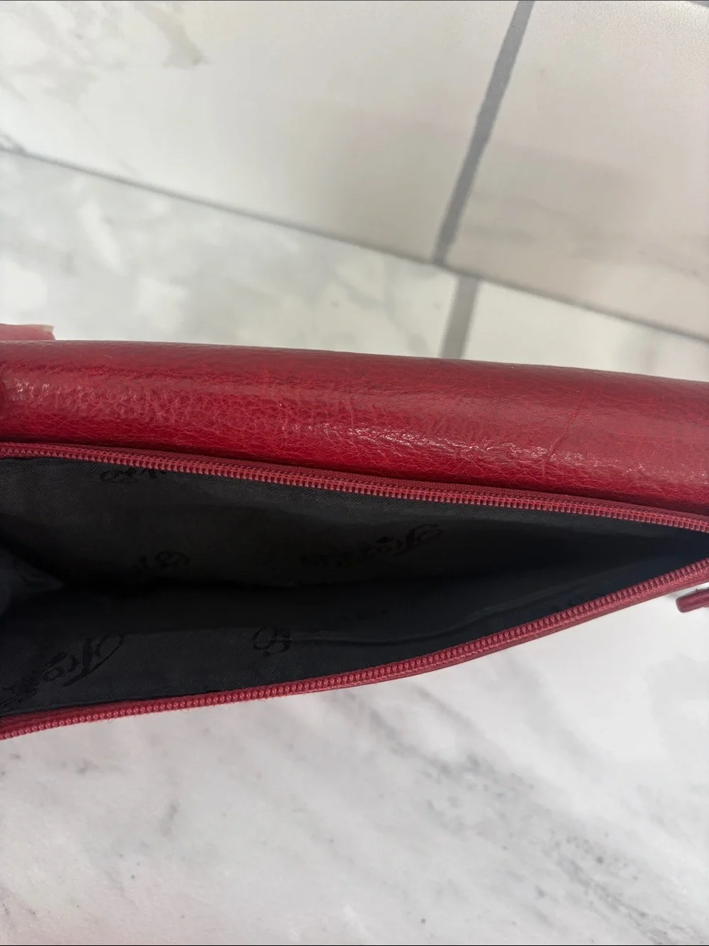 Fossil Deep Red Leather Tri-Fold Wallet with Checkbook Cover and Pen